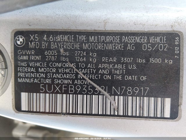 2002 Bmw X5 4.6is მანქანა იყიდება აუქციონზე, vin: 5UXFB93532LN78917, აუქციონის ნომერი: 45922465