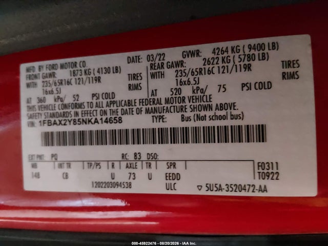Ford Transit-350 Passenger Van Xl 2022 1FBAX2Y85NKA14658 Image 9