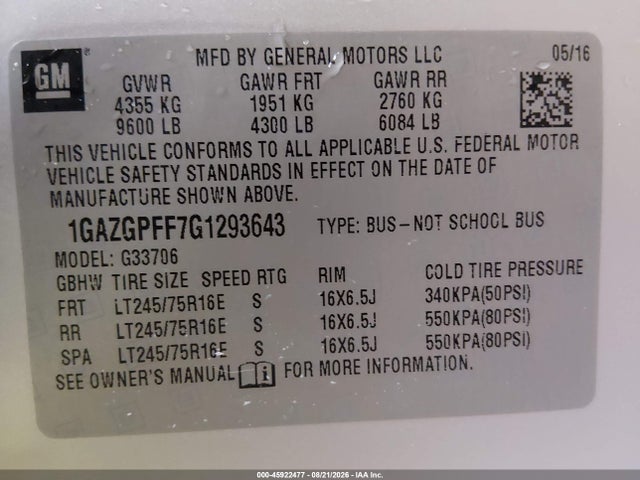 Chevrolet Express 3500 Lt 2016 1GAZGPFF7G1293643 Image 9