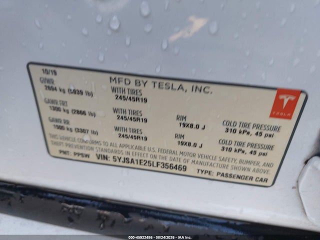 2020 Tesla Model S Long Range Dual Motor All-wheel Drive/long Range Plus Dual Motor All-wheel Drive მანქანა იყიდება აუქციონზე, vin: 5YJSA1E25LF356469, აუქციონის ნომერი: 45922486