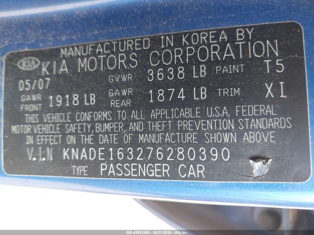 45922489 :رقم المزاد ، KNADE163276280390 vin ، 2007 Kia Rio5 Sx مزاد بيع