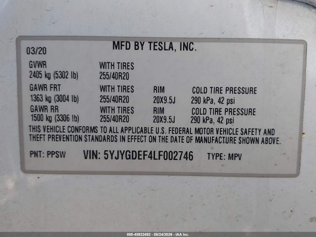 Продаж на аукціоні авто 2020 Tesla Model Y Long Range Dual Motor All-wheel Drive/performance Dual Motor All-wheel Drive, vin: 5YJYGDEF4LF002746, номер лоту: 45922492