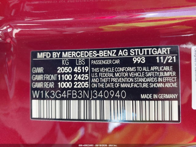Продажа на аукционе авто 2022 Mercedes-benz A 220 4matic, vin: W1K3G4FB3NJ340940, номер лота: 45922493