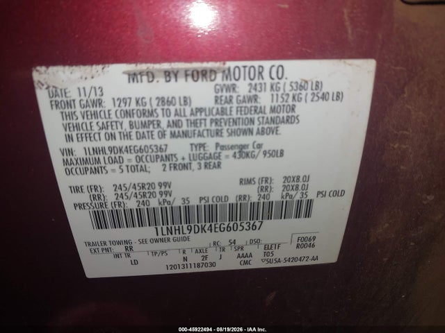 Продаж на аукціоні авто 2014 Lincoln Mks, vin: 1LNHL9DK4EG605367, номер лоту: 45922494