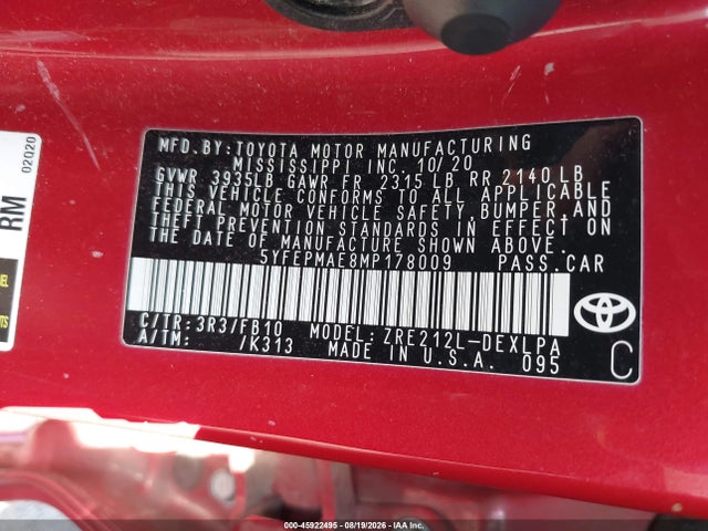 45922495 :رقم المزاد ، 5YFEPMAE8MP178009 vin ، 2021 Toyota Corolla Le مزاد بيع
