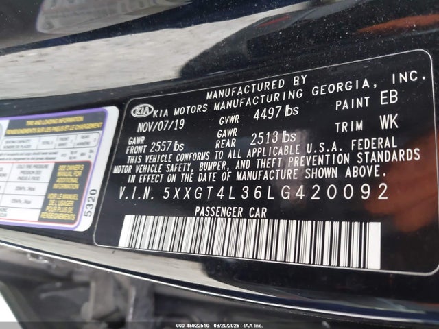 Aukcja sprzedaży 2020 Kia Optima S, vin: 5XXGT4L36LG420092, numer aukcji: 45922510