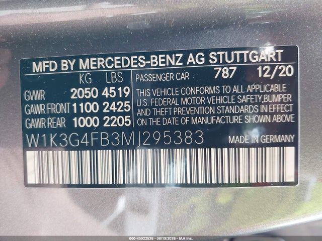 2021 Mercedes-benz A 220 4matic მანქანა იყიდება აუქციონზე, vin: W1K3G4FB3MJ295383, აუქციონის ნომერი: 45922526