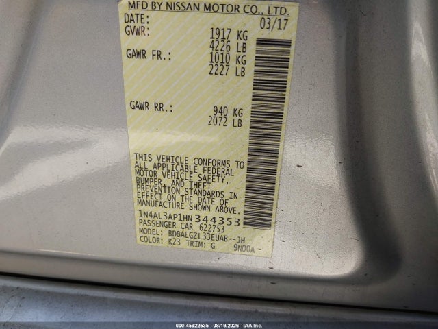 2017 Nissan Altima 2.5 S მანქანა იყიდება აუქციონზე, vin: 1N4AL3AP1HN344353, აუქციონის ნომერი: 45922535