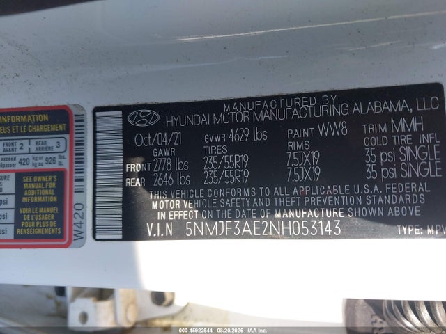 Продажа на аукционе авто 2022 Hyundai Tucson Sel, vin: 5NMJF3AE2NH053143, номер лота: 45922544