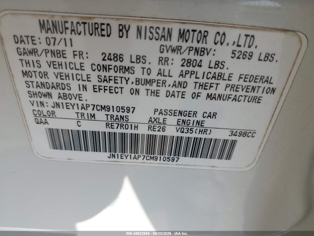 45922565 :رقم المزاد ، JN1EY1AP7CM910597 vin ، 2012 Infiniti M35h مزاد بيع