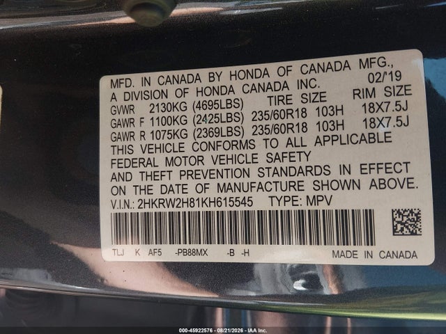 2019 Honda Cr-v Ex-l მანქანა იყიდება აუქციონზე, vin: 2HKRW2H81KH615545, აუქციონის ნომერი: 45922576
