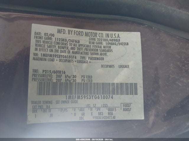 Продажа на аукционе авто 2000 Mercury Sable Ls Premium, vin: 1MEFM59S3YG618074, номер лота: 45922586