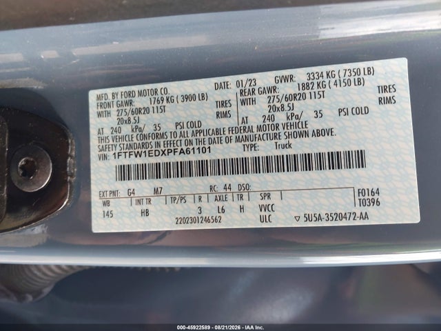 2023 Ford F-150 Lariat მანქანა იყიდება აუქციონზე, vin: 1FTFW1EDXPFA61101, აუქციონის ნომერი: 45922589