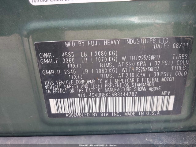 Продажа на аукционе авто 2011 Subaru Outback 2.5i Limited, vin: 4S4BRBKC6B3444787, номер лота: 45922598