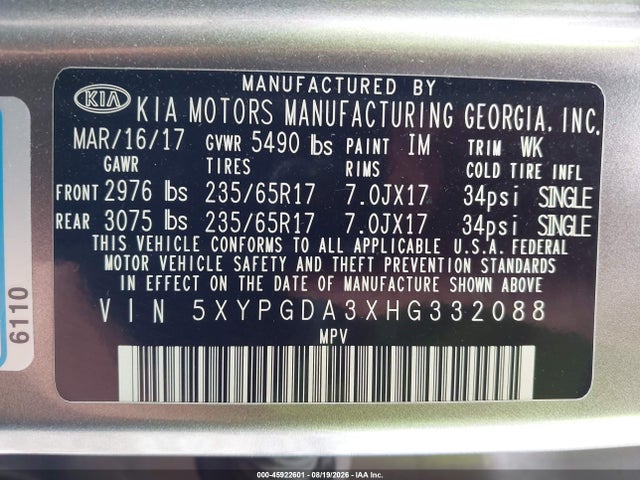 Продаж на аукціоні авто 2017 Kia Sorento 2.4l Lx, vin: 5XYPGDA3XHG332088, номер лоту: 45922601