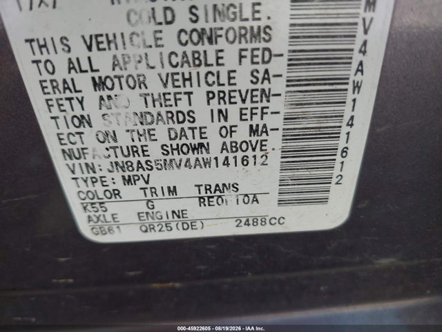 45922605 :رقم المزاد ، JN8AS5MV4AW141612 vin ، 2010 Nissan Rogue Sl مزاد بيع