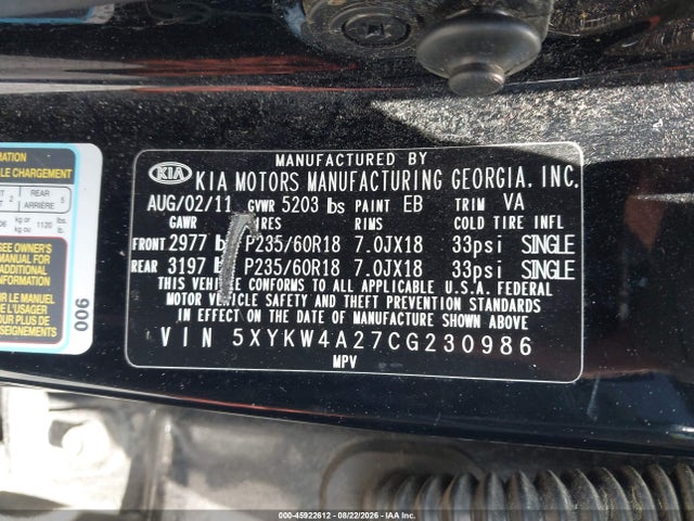 45922612 :رقم المزاد ، 5XYKW4A27CG230986 vin ، 2012 Kia Sorento Sx V6 مزاد بيع