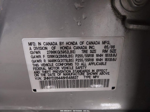 2008 Acura Mdx Technology Package მანქანა იყიდება აუქციონზე, vin: 2HNYD28448H548837, აუქციონის ნომერი: 45922615
