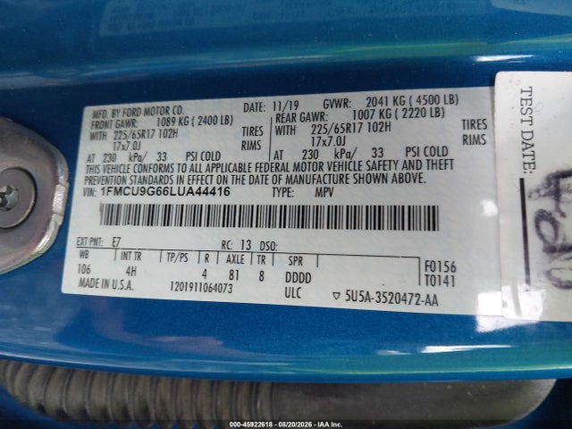 Aukcja sprzedaży 2020 Ford Escape Se, vin: 1FMCU9G66LUA44416, numer aukcji: 45922618