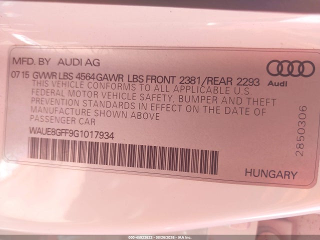 Продаж на аукціоні авто 2016 Audi A3 2.0t Premium, vin: WAUE8GFF9G1017934, номер лоту: 45922622