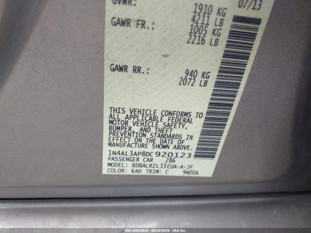 45922625 :رقم المزاد ، 1N4AL3AP8DC920123 vin ، 2013 Nissan Altima 2.5 S مزاد بيع