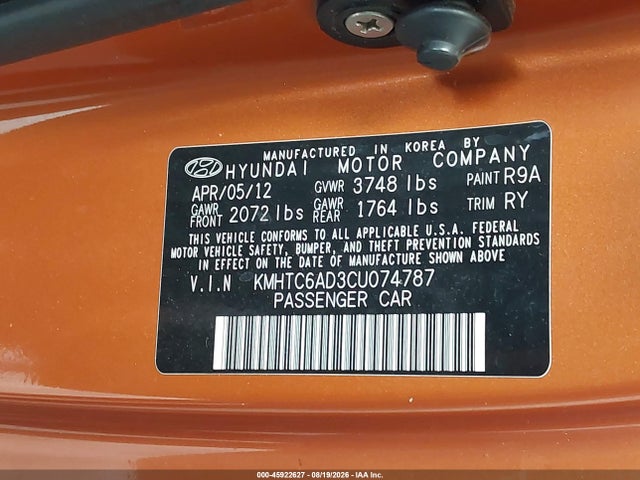2012 Hyundai Veloster Base W/black მანქანა იყიდება აუქციონზე, vin: KMHTC6AD3CU074787, აუქციონის ნომერი: 45922627