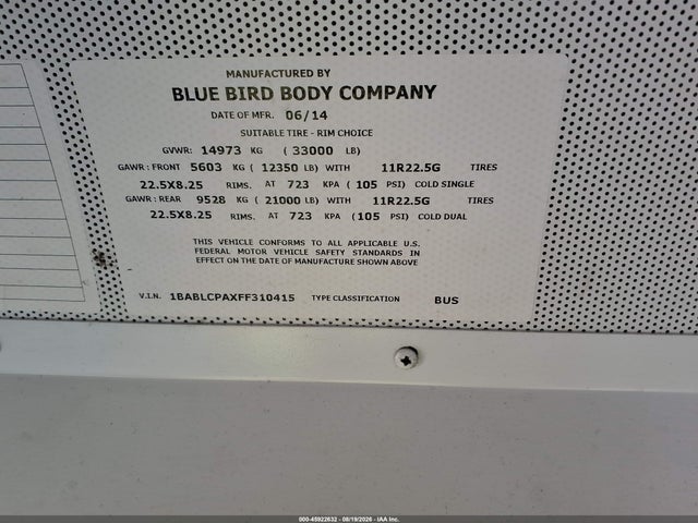 Продаж на аукціоні авто 2015 Blue Bird School Bus / Transit Bus, vin: 1BABLCPAXFF310415, номер лоту: 45922632