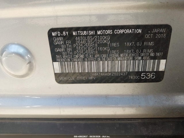Продажа на аукционе авто 2019 Mitsubishi Eclipse Cross Le, vin: JA4AT4AA0KZ022437, номер лота: 45922637