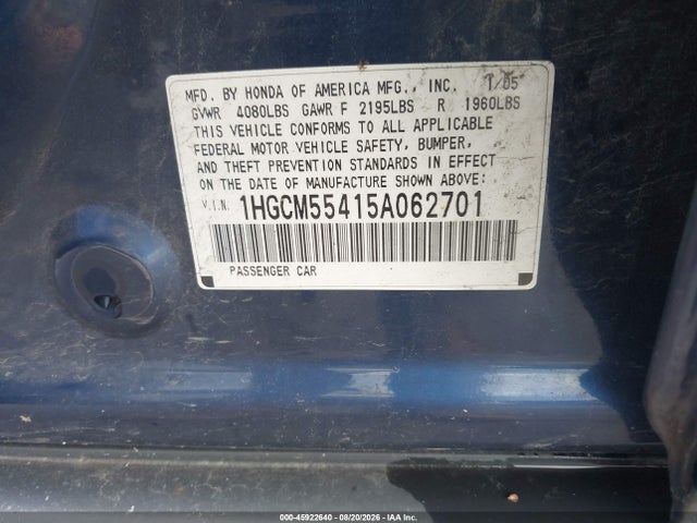 2005 Honda Accord 2.4 Lx მანქანა იყიდება აუქციონზე, vin: 1HGCM55415A062701, აუქციონის ნომერი: 45922640