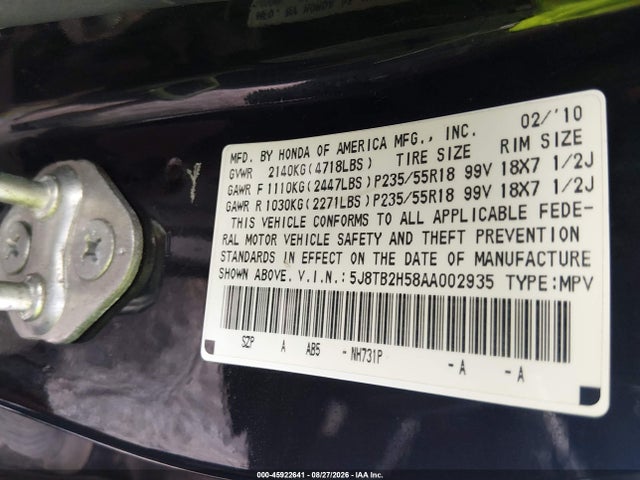 Продаж на аукціоні авто 2010 Acura Rdx, vin: 5J8TB2H58AA002935, номер лоту: 45922641