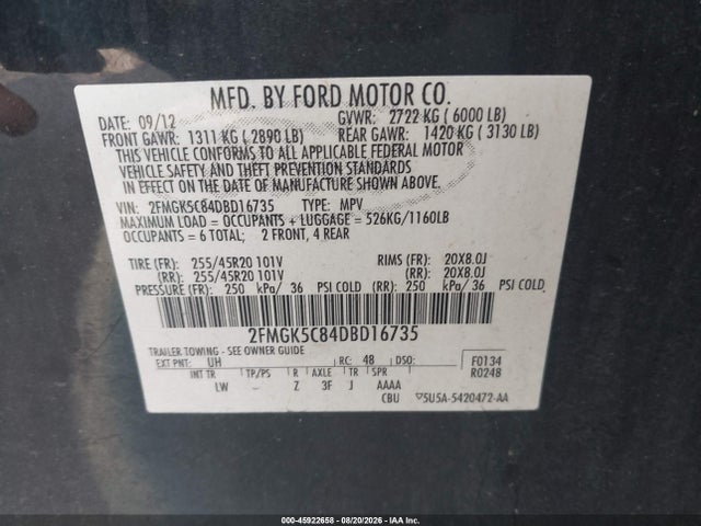 Продаж на аукціоні авто 2013 Ford Flex Sel, vin: 2FMGK5C84DBD16735, номер лоту: 45922658