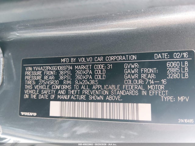 45922663 :رقم المزاد ، YV4A22PK6G1069794 vin ، 2016 Volvo Xc90 T6 Momentum مزاد بيع
