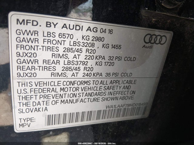2017 Audi Q7 3.0t Premium მანქანა იყიდება აუქციონზე, vin: WA1LAAF78HD015493, აუქციონის ნომერი: 45922667
