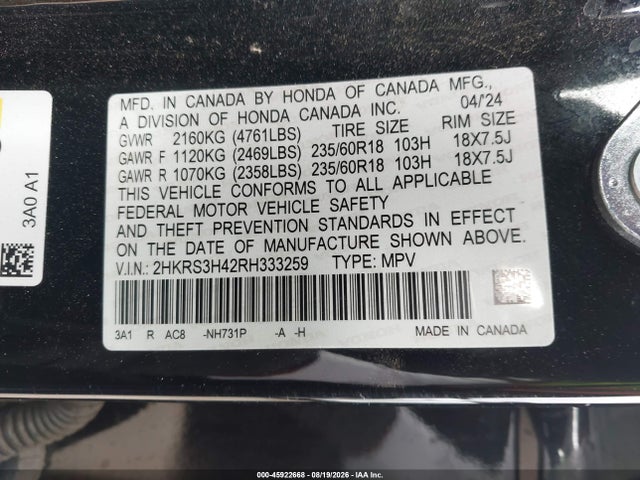 45922668 :رقم المزاد ، 2HKRS3H42RH333259 vin ، 2024 Honda Cr-v Ex 2wd مزاد بيع