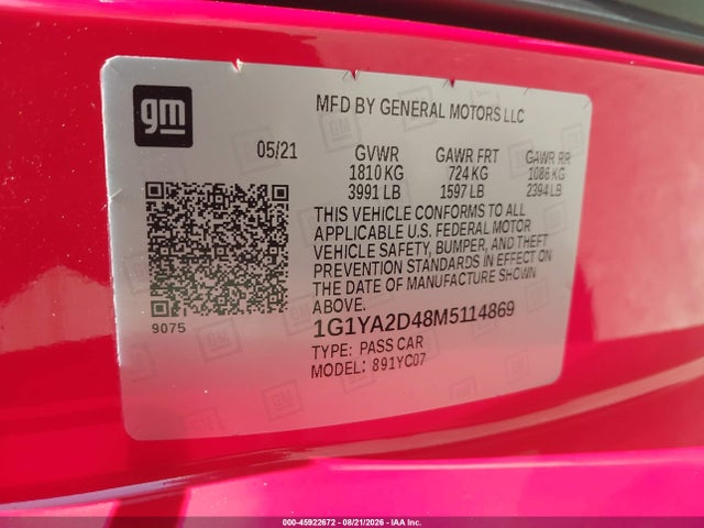 Продаж на аукціоні авто 2021 Chevrolet Corvette Stingray Rwd  1lt, vin: 1G1YA2D48M5114869, номер лоту: 45922672
