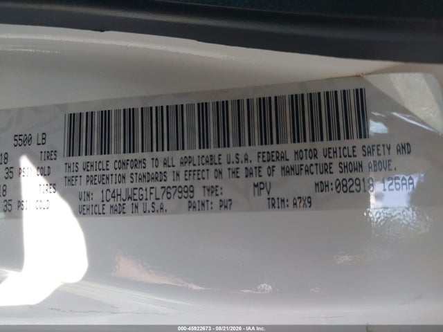 45922673 :رقم المزاد ، 1C4HJWEG1FL767999 vin ، 2015 Jeep Wrangler Unlimited Sahara مزاد بيع