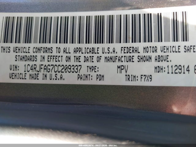 2012 Jeep Grand Cherokee Laredo მანქანა იყიდება აუქციონზე, vin: 1C4RJFAG7CC209337, აუქციონის ნომერი: 45922674