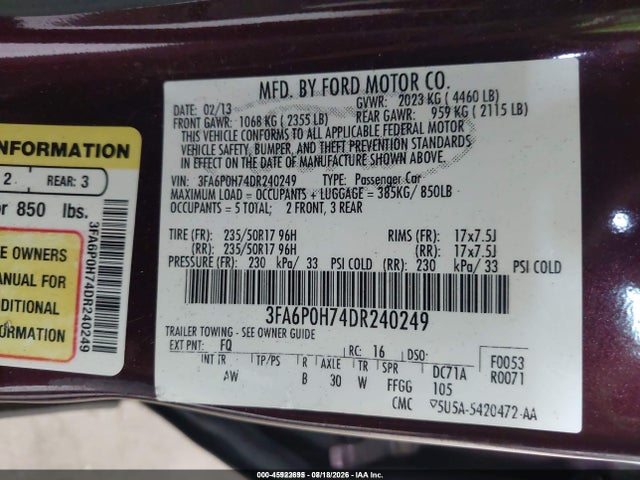 Продаж на аукціоні авто 2013 Ford Fusion Se, vin: 3FA6P0H74DR240249, номер лоту: 45922695