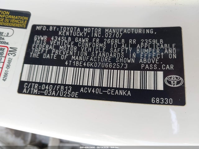 Aukcja sprzedaży 2007 Toyota Camry Le, vin: 4T1BE46K07U662573, numer aukcji: 45922698