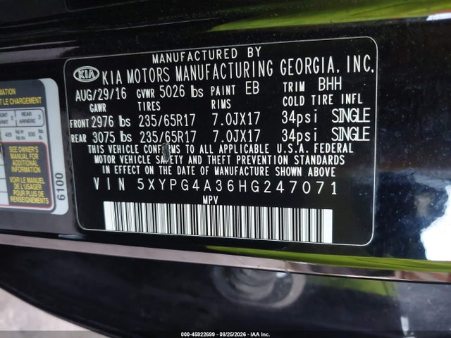 Aukcja sprzedaży 2017 Kia Sorento 2.4l Lx, vin: 5XYPG4A36HG247071, numer aukcji: 45922699