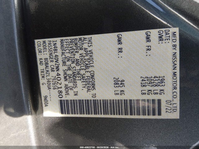 Продаж на аукціоні авто 2022 Nissan Altima Sv Fwd, vin: 1N4BL4DV2NN402180, номер лоту: 45922700