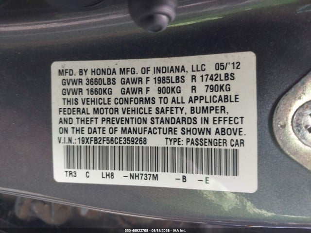 Продажа на аукционе авто 2012 Honda Civic Lx, vin: 19XFB2F56CE359268, номер лота: 45922708