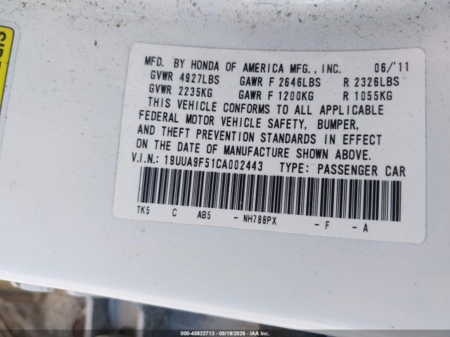2012 Acura Tl 3.7 მანქანა იყიდება აუქციონზე, vin: 19UUA9F51CA002443, აუქციონის ნომერი: 45922713