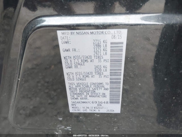 Продажа на аукционе авто 2015 Nissan Pathfinder Platinum, vin: 5N1AR2MMXFC693648, номер лота: 45922723
