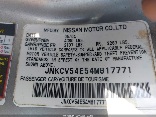 Продаж на аукціоні авто 2004 Infiniti G35, vin: JNKCV54E54M817771, номер лоту: 45922726