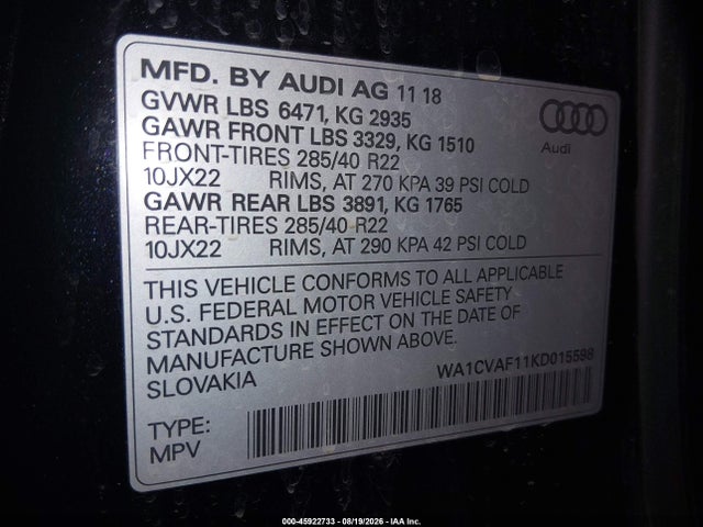 45922733 :رقم المزاد ، WA1CVAF11KD015598 vin ، 2019 Audi Q8 55 Premium مزاد بيع