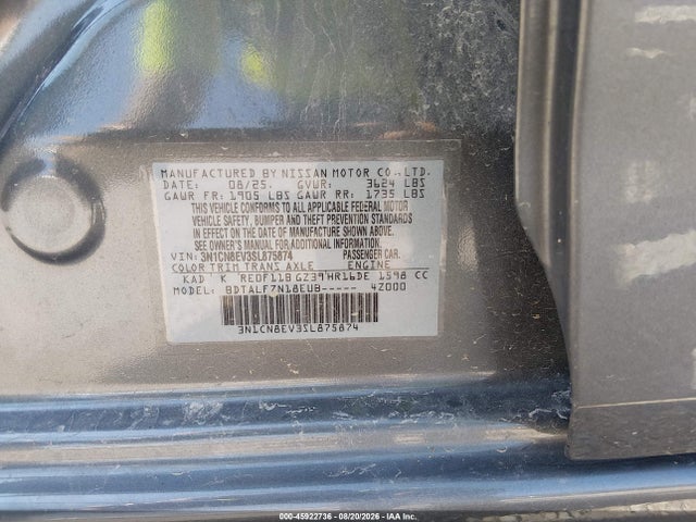Продаж на аукціоні авто 2025 Nissan Versa 1.6 Sv, vin: 3N1CN8EV3SL875874, номер лоту: 45922736