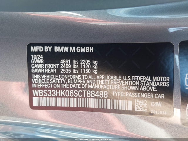 Aukcja sprzedaży 2025 Bmw M4 Competition Xdrive, vin: WBS33HK06SCT88488, numer aukcji: 45922742