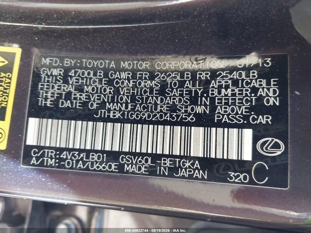 45922744 :رقم المزاد ، JTHBK1GG9D2043756 vin ، 2013 Lexus Es 350 مزاد بيع