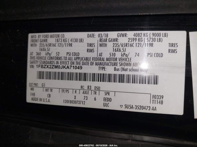 Ford Transit-350 Xl 2018 1FBZX2ZM0JKA71049 Image 9
